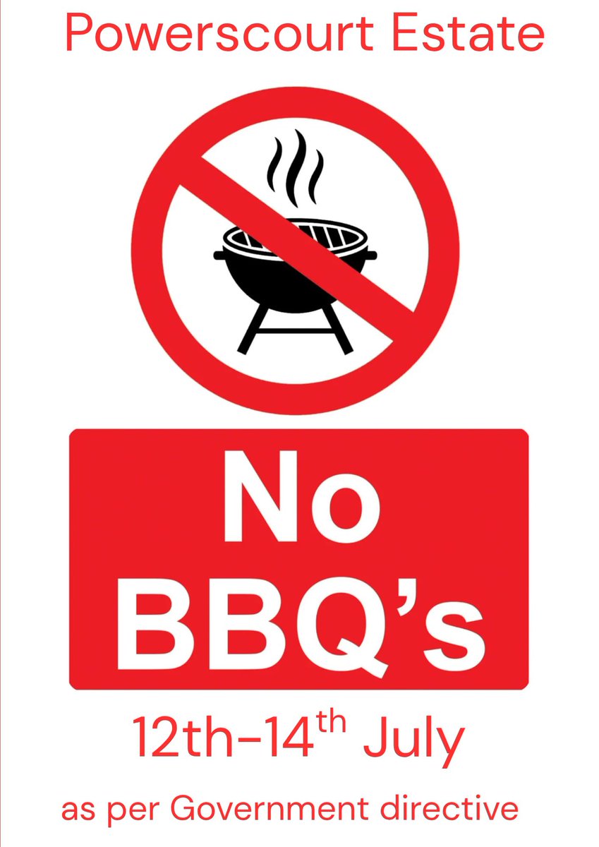 Extreme Forest Fire Risk – Condition RED. BBQs are not permitted on the estate / waterfall area this weekend. gov.ie/ga/an-roinn-co…