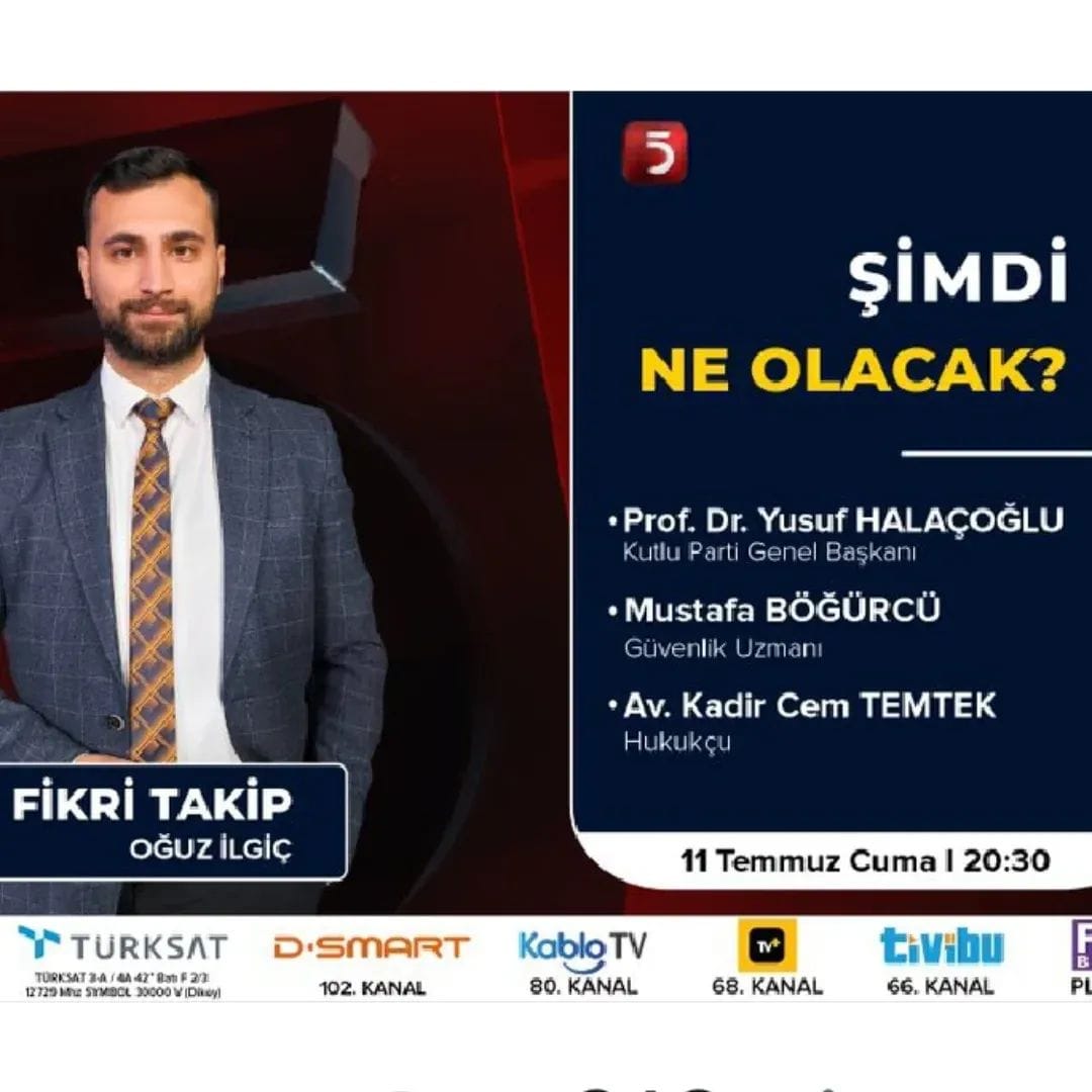Genel Başkanımız Prof.Dr.Yusuf Halaçoğlu bu akşam saat 20.30'da TV5 canlı yayınına uzaktan bağlanarak gündemi değerlendirecek.
"Fikri Takip" programında Oğuz İlgiç 'in  
konu başlıkları şöyle sıralanıyor;
Terör örgütü PKK silah bıraktı.
-Süreç bundan sonra nasıl ilerleyecek?