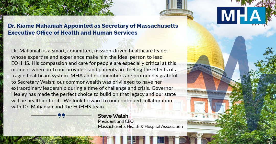 MAHealthHosp's tweet image. Today, @MassGovernor announced the appointment of Dr. Kiame Mahaniah as the new Secretary of @MassHHS. He follows in the footsteps of Sec. Kate Walsh, who provided extraordinary leadership during a time of challenge and crisis.
Read more: lnkd.in/eU3bfWXy