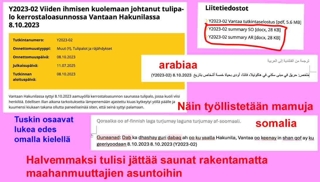 PauliVahtera's tweet image. Maahanmuuton hintaa saunapoltotkin ja kantaväestössä aina syy
Onnettomuustutkintakeskus tutki kaksi vuotta somalien aiheuttamaa saunapaloa. Olivat laittaneet kiukaan päälle ja menneet nukkumaan. Viisi kuoli ja isä jäi henkiin.
Ja taas syylliset löytyvät kantaväestöstä;…