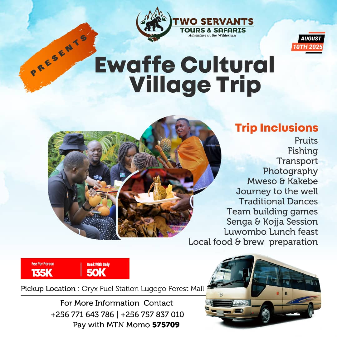 Two Servants Tours and Safaris (@two_servants) on Twitter photo <a href="/simon_omukiga/">m!lkshake.</a> Get ready for an unforgettable cultural adventure with Two Servants Tours & Safaris! 📷 Join us on August 10th, 2025, for the ultimate Ewaffe Cultural Village Trip. What awaits you? Delicious Luwombo Lunch waliwona Engaging Activities: Enjoy traditional dances, team-building <a href="/simon_omukiga/">m!lkshake.</a> Get ready for an unforgettable cultural adventure with Two Servants Tours & Safaris! 📷 Join us on August 10th, 2025, for the ultimate Ewaffe Cultural Village Trip. What awaits you? Delicious Luwombo Lunch waliwona Engaging Activities: Enjoy traditional dances, team-building