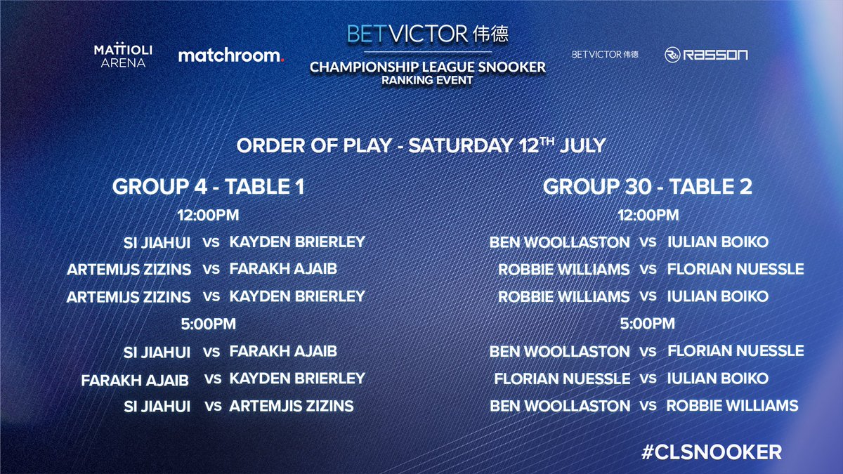CLSnooker's tweet image. Si Jiahui and Ben Wollaston are the headline names for Saturday&apos;s CLS action! 💫

Watch the action from 12pm on YouTube 📝

📺 T1 - Matchroom Pool 
📺 T2 - Matchroom Multi Sport

@BetVictor #CLSnooker