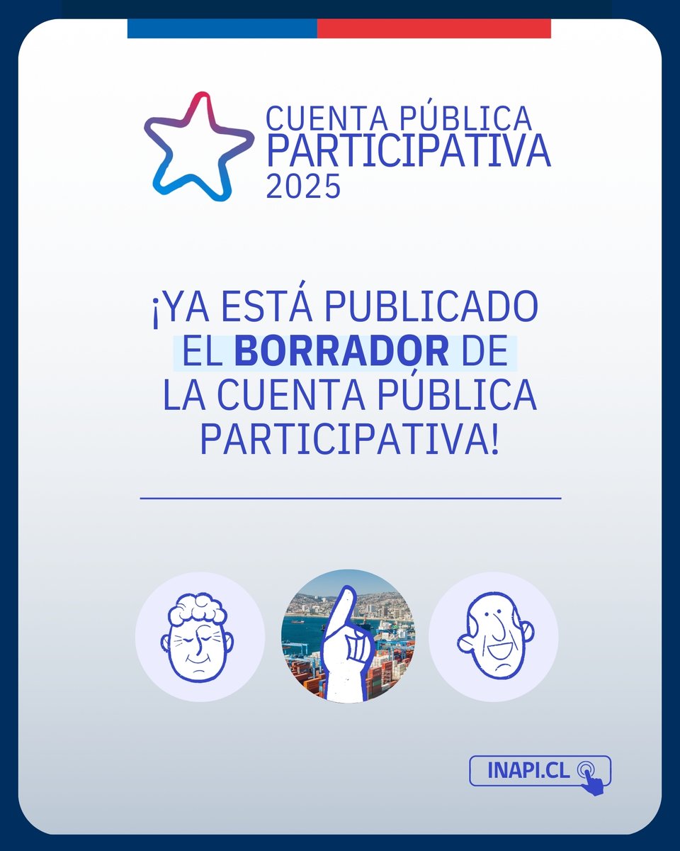 🔵 En INAPI abrimos un espacio para que puedas revisar el borrador de la Cuenta Pública Participativa y compartir tus ideas, opiniones o consultas.

🗓️ La versión final del documento se publicará el día martes 29 de julio de 2025.

✍️Participa aquí: inapi.cl/consulta-ciuda…