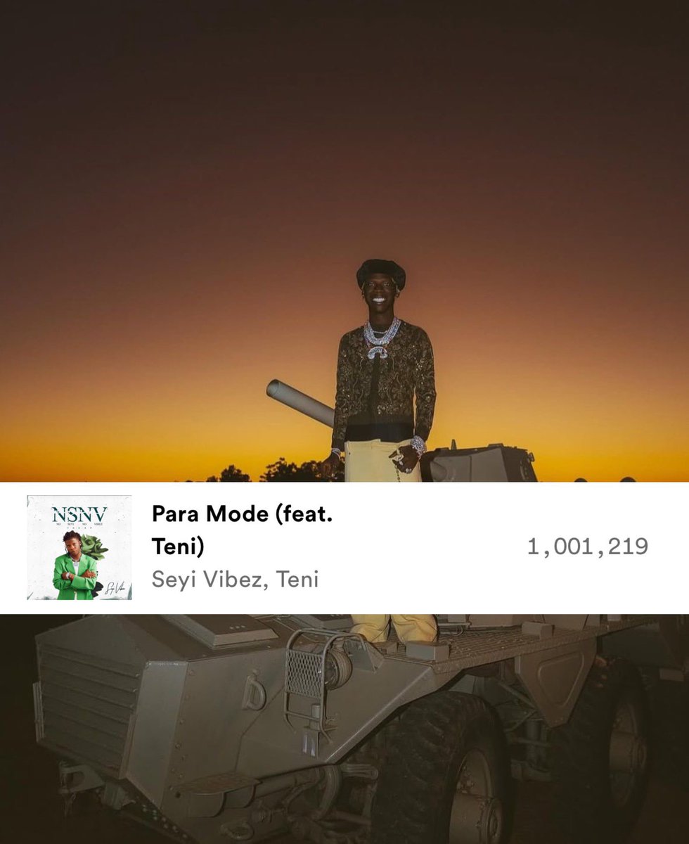 SeyiVibezStats's tweet image. .@seyi_vibez βPara Modeβ ft. Teni Hits 1M+ Streams on Spotify NG
β Final NSNV Track to Cross Milestone, Album Nears 30M with 63K Daily Plays