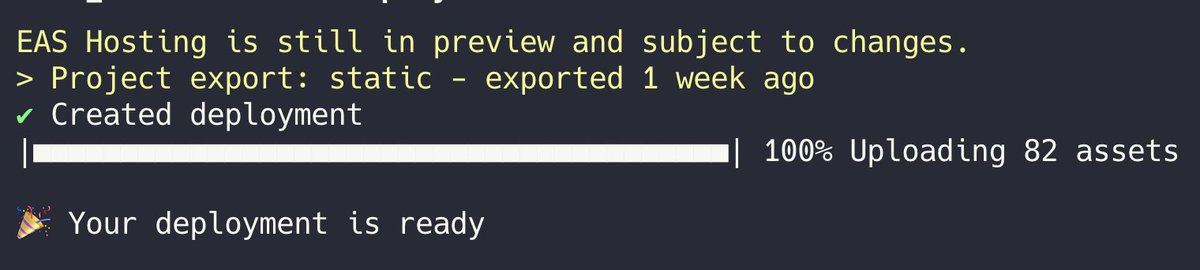 expo_devlog's tweet image. "eas deploy" now has a progress bar (plus a lot of cool internal changes regarding handling large uploads, which are sadly a bit tricky to screenshot) - but hey, progress bar!