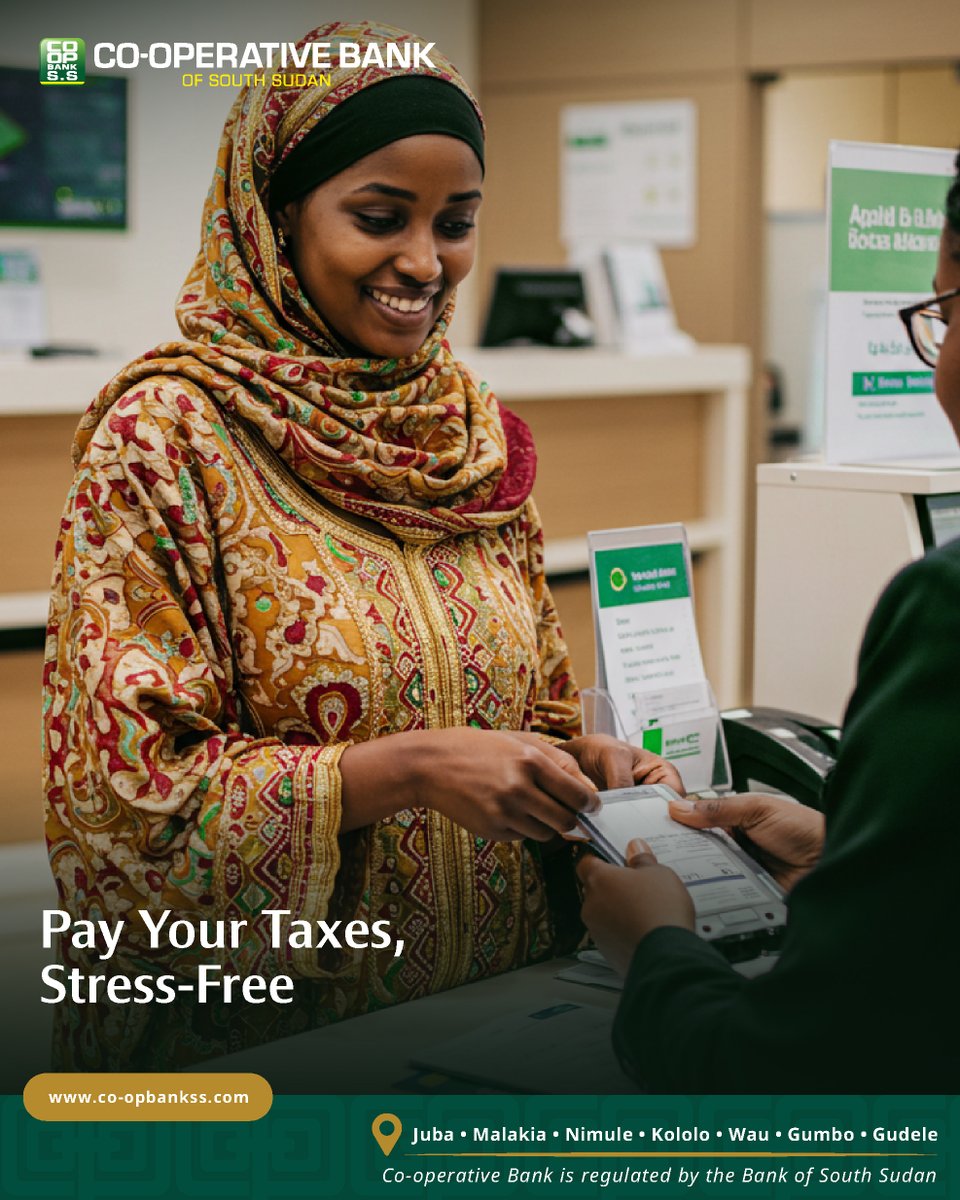 coopbankss's tweet image. Paying your taxes just got easier.
Visit any Co-op Bank South Sudan branch for assistance with your tax payments through our partnership with the Ministry of Finance & Economic Planning.
No stress, no confusion. Just reliable service.