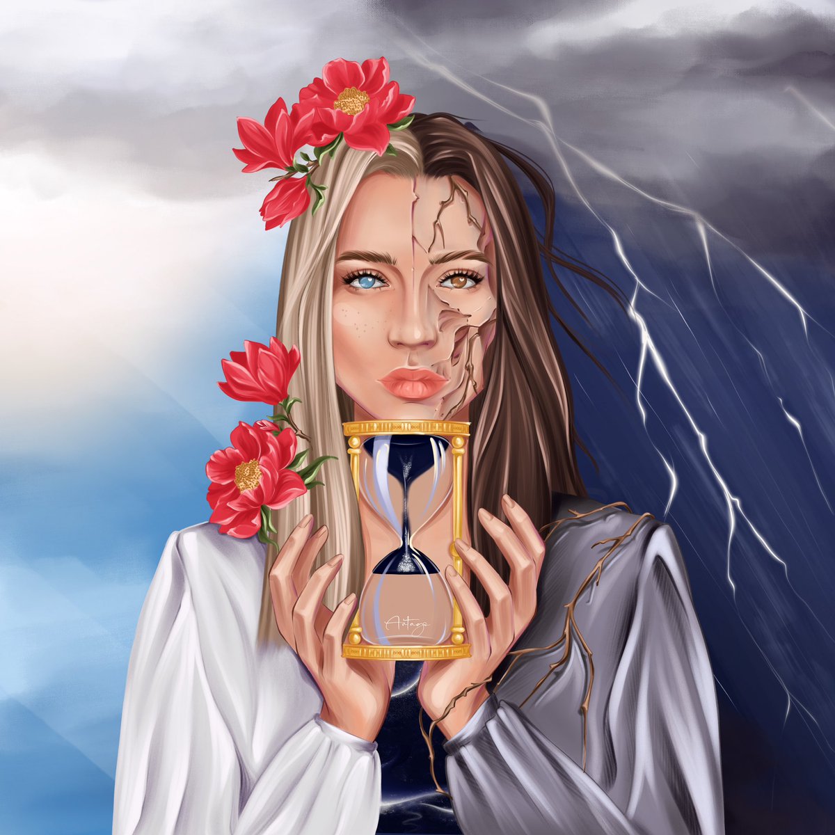 ✨ New Drop ✨

This illustration is a visual poem about acceptance, where even in destruction there is harmony. 
"Which path will you choose?"  

The main paradox: 
- To accept your "fragility" (bones) is to open up to "beauty" (flowers). 
- To see "darkness" is to understand
