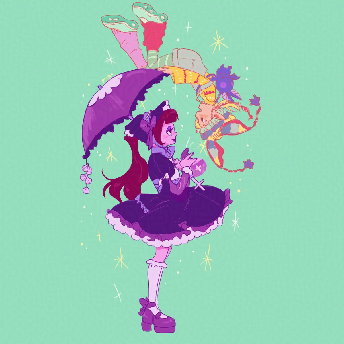 Day out!
.
Having a vampire following you around is hard work! Double attack on <a href="/vikipuntocom/">viki 🐿️ @ commissions open !</a> of both her characters Alice &amp; Akemi! Their dynamic and designs are bot super fun, couldn't resist!
.
#artfight #artfight2025