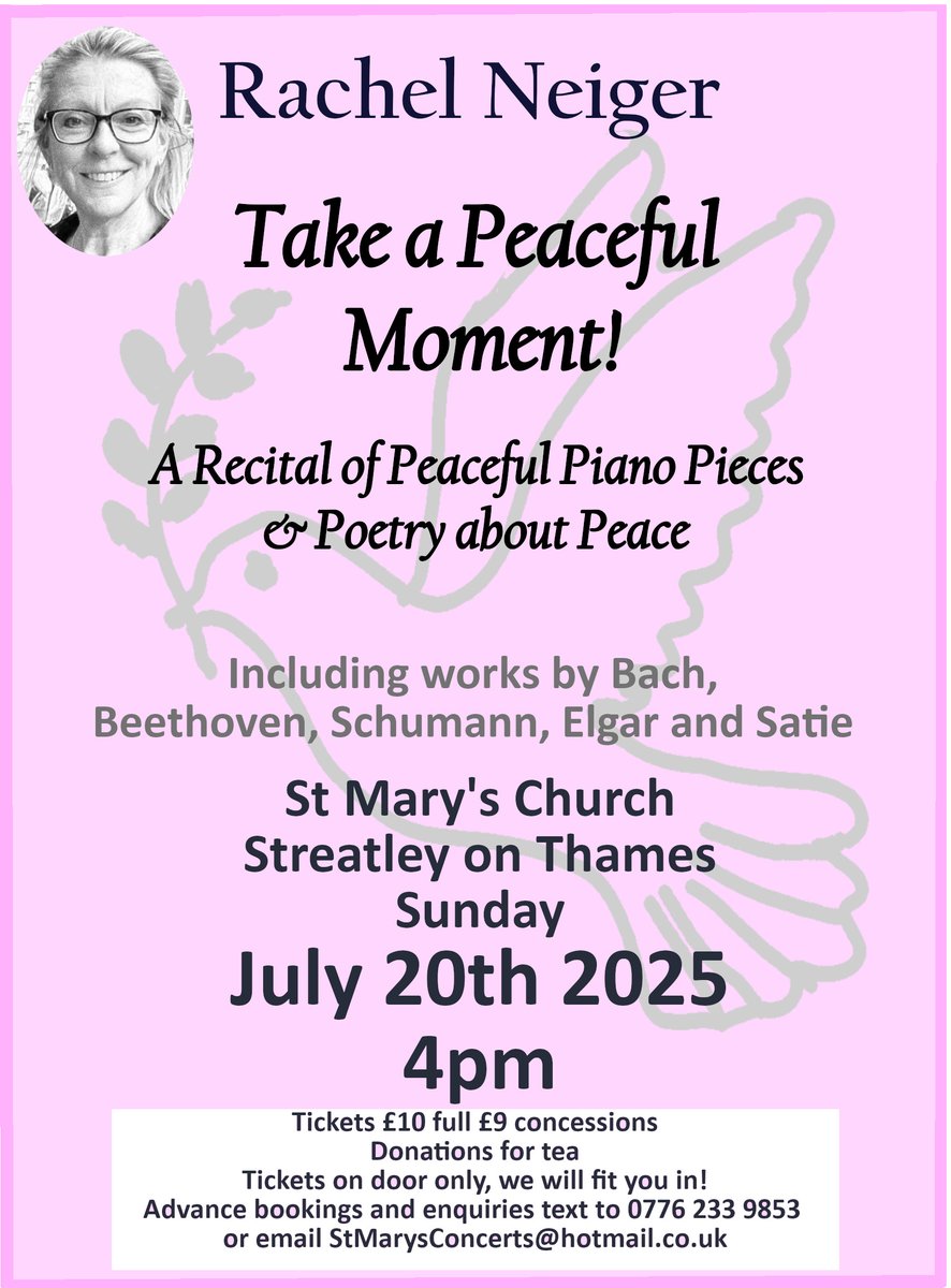 ConcertsStMarys's tweet image. Next St Mary's Concert Sunday July 20th 4pm(9 days!). Feeling stressed&exhausted? Come & enjoy some Peaceful Moments in a beautiful church with Rachel Neiger, piano virtuoso playing peaceful pieces & some peaceful poetry too Tickets on door,we will fit you in @henleystandard