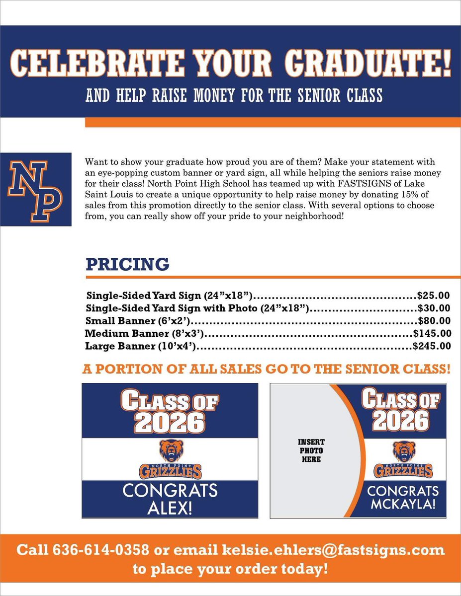 NPHSGradNight's tweet photo. Celebrate and honor your SENIOR with a NPHS Class of 2026 Yard Sign or Banner! Plus, a portion of the sales will support the senior class!!  🎓💙🎓🧡

Ordering will remain open thru 7/28

Email kelsie.ehlers@fastsigns.com or call Kelsie Ehlers at 636-614-0358 to order!! https://t.co/Ojdacpj6u6