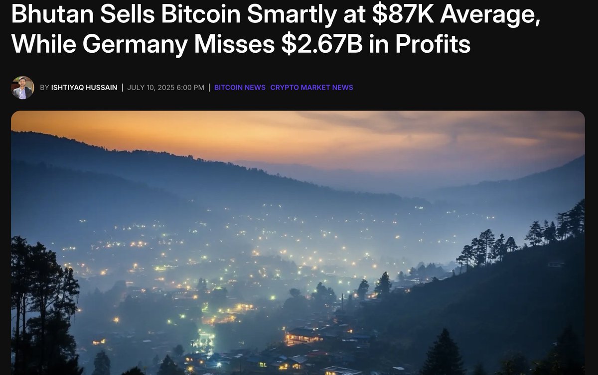 Bhutan quietly outperform Germany in the Bitcoin game.

They sold at an average of $87K, smart, patient, strategic. Meanwhile, Germany rushed out at ~$57K and missed out on $2.67B in profit.

Massive reminder: timing matters in crypto, especially at the institutional level.