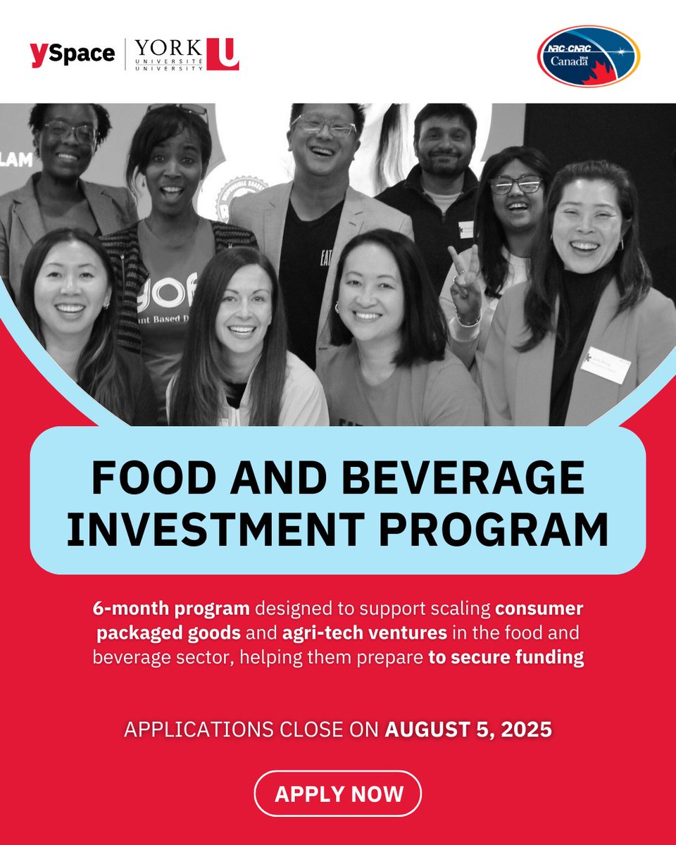 YSpaceYU's tweet image. 🚀 The Food & Beverage Investment Program is back!
This 6-month program helps high-growth CPG and Agri-Tech ventures scale and get investment-ready.
Apply now — yspace.apps01.yorku.ca/forms/view.php…
In partnership with NRC IRAP @nrc_cnrc.
#YSpace #FoodInnovation #YRFood