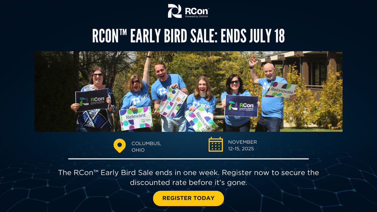 ⏳ One week left! Lock in the Early Bird rate for our brand-new RCon™ conference. 🎉

📅 Nov 12–15 | 📍 Columbus, OH

🐦 The Early Bird Sale ends next Friday, July 18. Don’t wait!
👉 swana.org/events/rcon202…

#SWANARCon #EarlyBirdSale #Registration