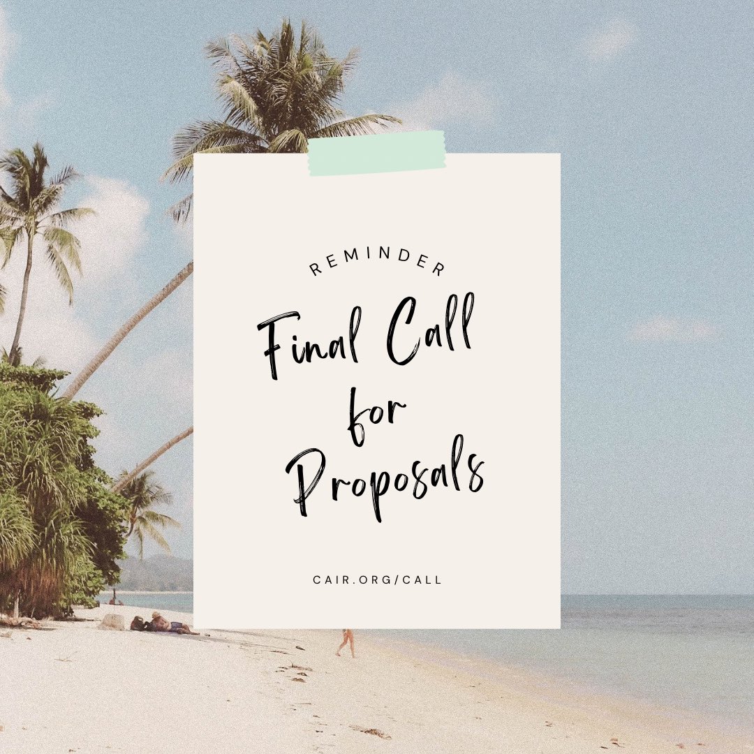Final call for #CAIR2025 Conference Proposals. Submit today CAIR.org/call

#irwatercooler #highered #studentsuccess #data #datafam #institutionalresearch #institutionaleffectiveness