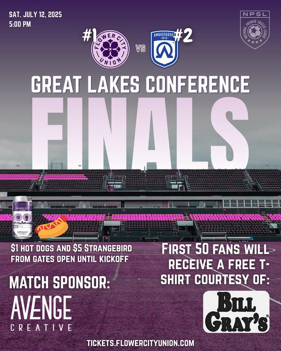 Great Lakes Conference Finals are tomorrow! First 50 fans will receive a free t-shirt from Bill Gray’s and we will have $1 hot dogs and $5 Strangebird Flower City Lager on the party deck from 4pm-5pm. Match is sponsored by our friends at Avenge Creative.