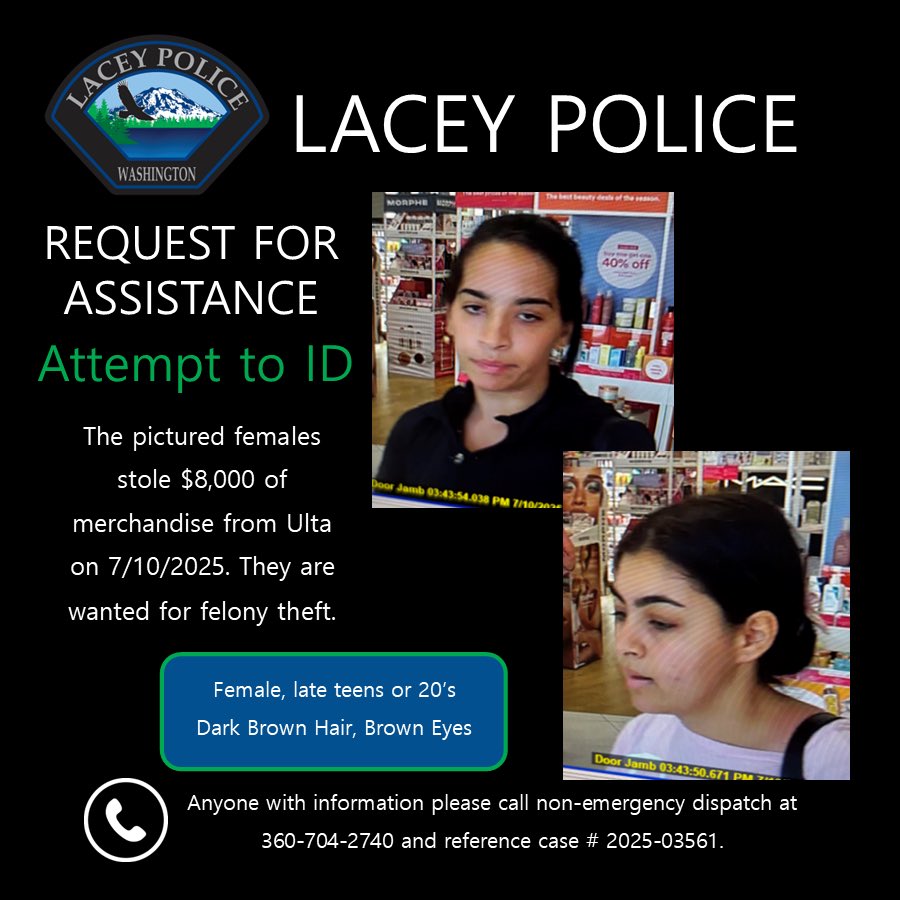 LaceyPolice's tweet image. 🚨Do you recognize these 2?🚨They stole $8,000 of merchandise from Ulta on 7/10/25 and we’d love to speak with them about it! 😤🚓 #Felony #Theft #NotCool #LaceyPD