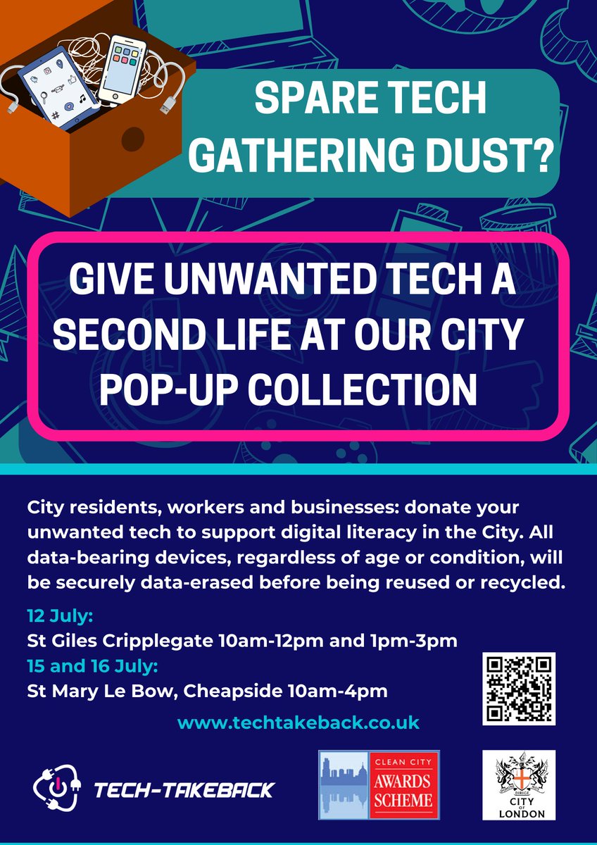 Tech-Takeback (@techtakeback) on Twitter photo Come along to donate your unwanted tech! 💻
The <a href="/cityoflondon/">City of London</a>'s Clean City Awards Scheme and Recycling Team will be hosting 3 days of Tech-Takeback pop-up events from July 12th - 16th. Come along to donate your unwanted tech! 💻
The <a href="/cityoflondon/">City of London</a>'s Clean City Awards Scheme and Recycling Team will be hosting 3 days of Tech-Takeback pop-up events from July 12th - 16th.
