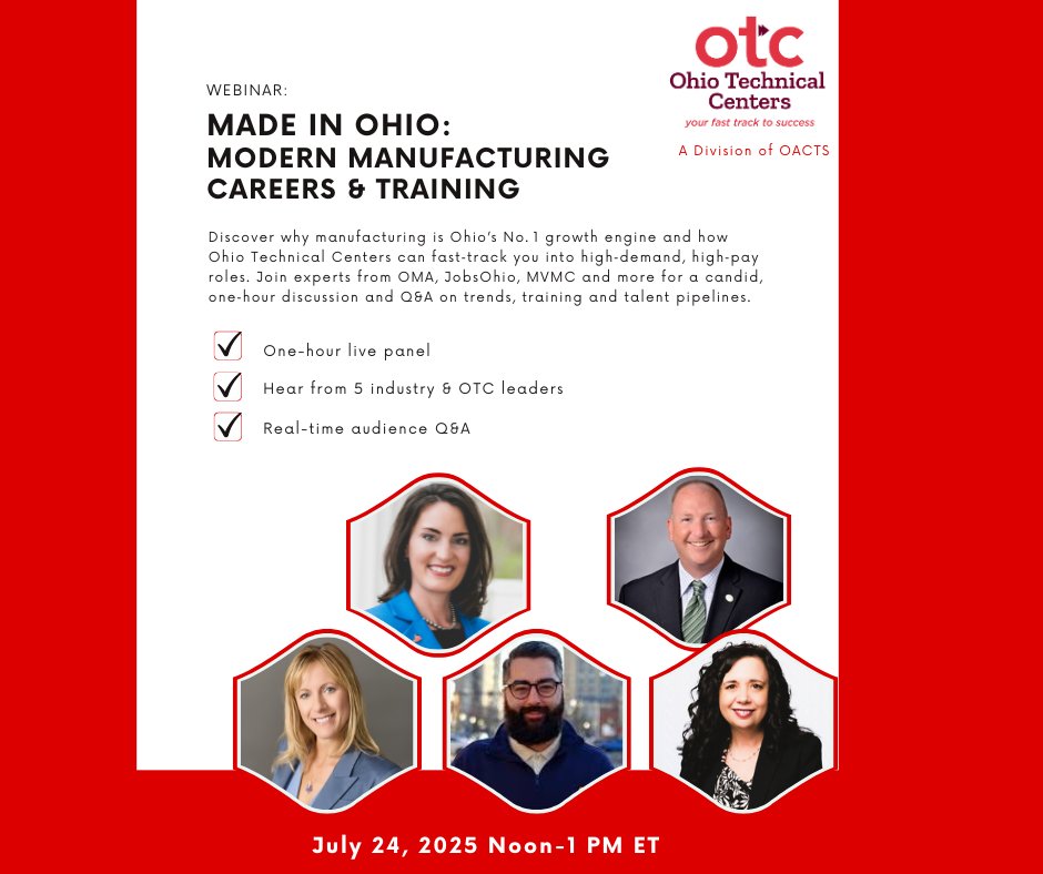 Ohio’s future is being built on the factory floor—and the opportunities have never been brighter.🎙️ Join us July 24, 12–1PM ET for Made in Ohio, a FREE panel on careers, training &amp; workforce trends.

🔗 Register: us06web.zoom.us/webinar/regist…
#MadeInOhio #OhioJobs #OTCs