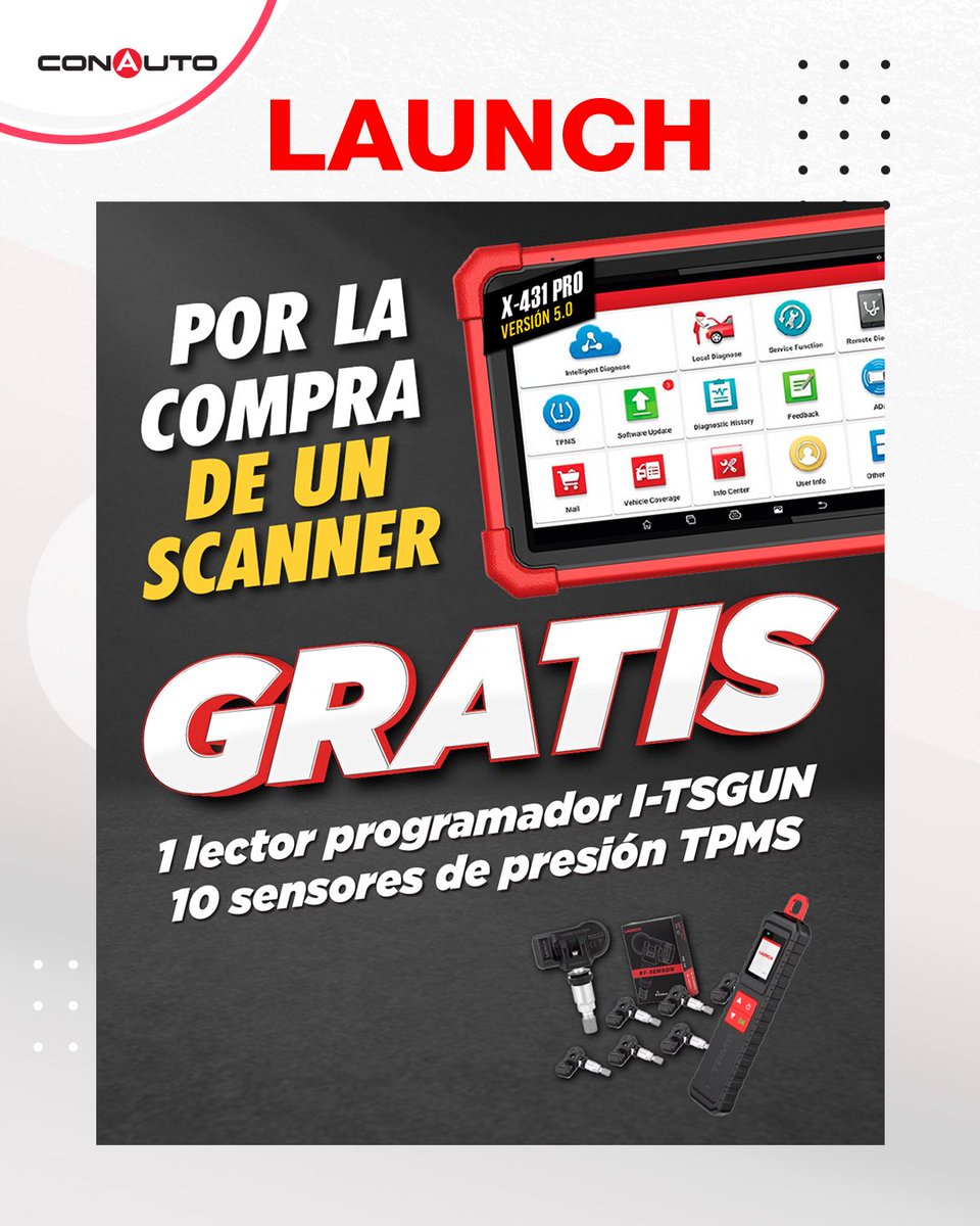 🎁 ¡Promo imperdible!
Compra tu scanner Launch X-431 PRO v5.0 y recibe GRATIS:
🔹 1 I-TSGUN
🔹 10 sensores TPMS

📲 ¡Contáctanos y aprovecha!

#LaunchX431 #PromoTaller #TPMS #HerramientasPro #Conauto