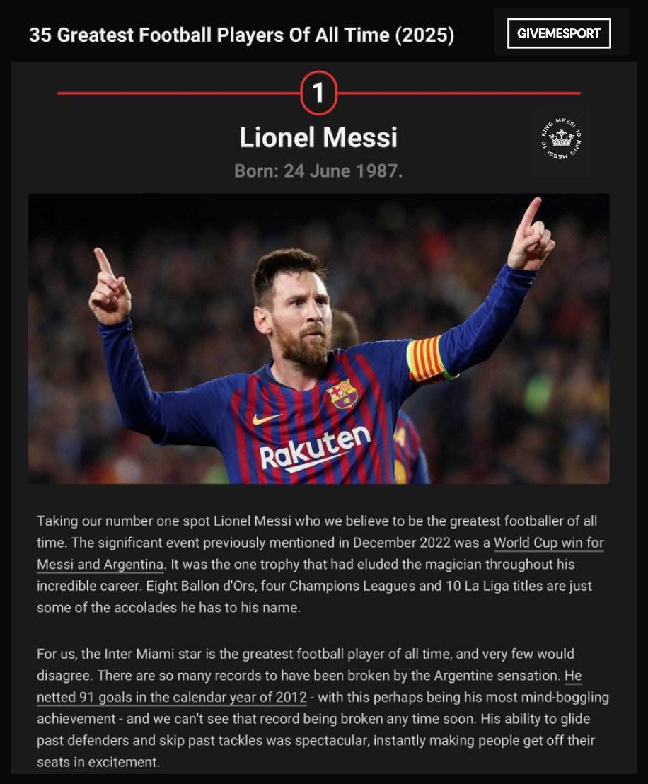 KING MESSI 10 (@messi10_rey) on Twitter photo 🚨Según <a href="/GiveMeSport/">GiveMeSport</a>, Leo Messi es el mejor futbolista de todos los tiempos (Ranking basado: Importancia equipo, 🏆Club + Sele, premios individuales):
1.🇦🇷Leo Messi🐐
2.🇵🇹Cristiano
3.🇧🇷Pelé
4.🇦🇷Maradona
5.🇳🇱Cruyff
6.🇦🇷Di Stefano
7.🇩🇪Beckenbauer
8.🇫🇷Zidane
9.🇧🇷Ronaldo
10.🇭🇺Puskás 🚨Según <a href="/GiveMeSport/">GiveMeSport</a>, Leo Messi es el mejor futbolista de todos los tiempos (Ranking basado: Importancia equipo, 🏆Club + Sele, premios individuales):
1.🇦🇷Leo Messi🐐
2.🇵🇹Cristiano
3.🇧🇷Pelé
4.🇦🇷Maradona
5.🇳🇱Cruyff
6.🇦🇷Di Stefano
7.🇩🇪Beckenbauer
8.🇫🇷Zidane
9.🇧🇷Ronaldo
10.🇭🇺Puskás