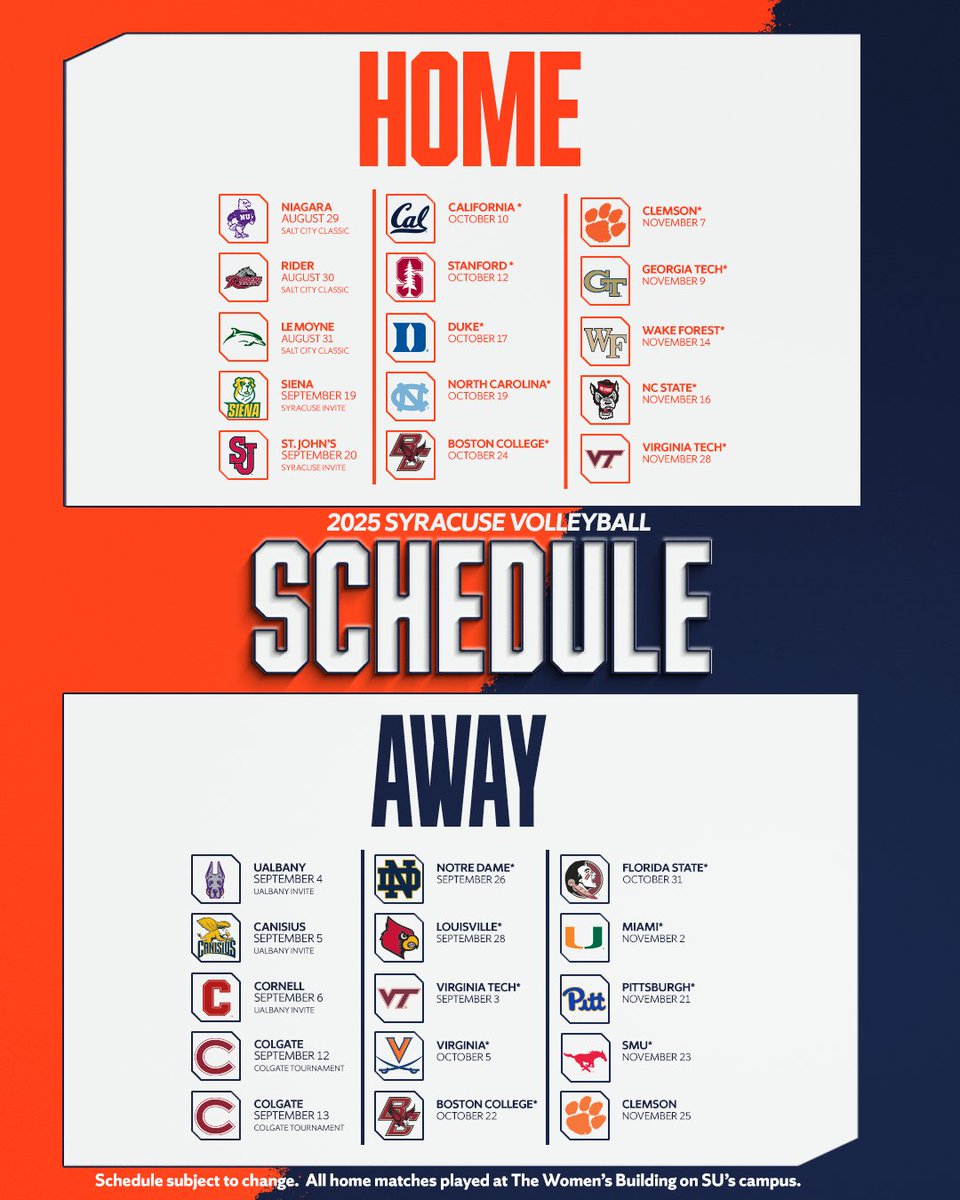 CuseVB's tweet image. 🚨Schedule Drop🚨
The 2025 Syracuse Volleyball schedule is here.
*Dates are subject to change. Match times will be announced soon!