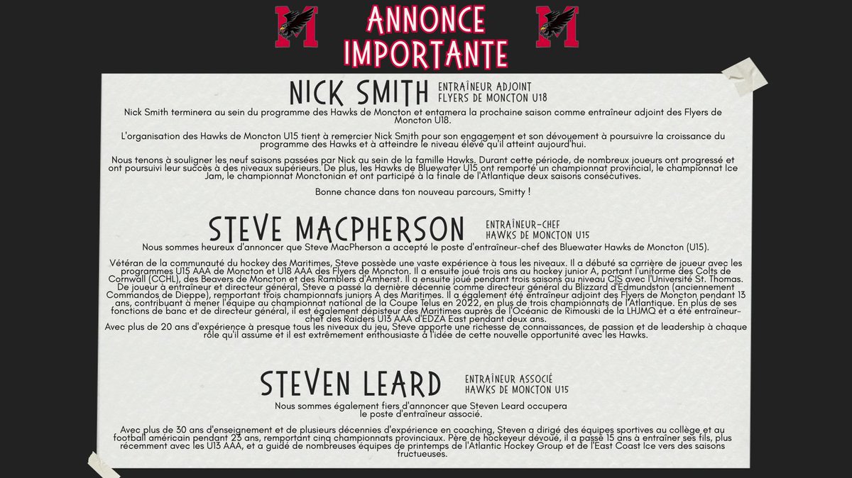 Please join us in wishing all three of these fine coaches the Best of Luck for their upcoming seasons. / Veuillez vous joindre à nous pour souhaiter à ces trois excellents entraîneurs la meilleure des chances pour leurs prochaines saisons.