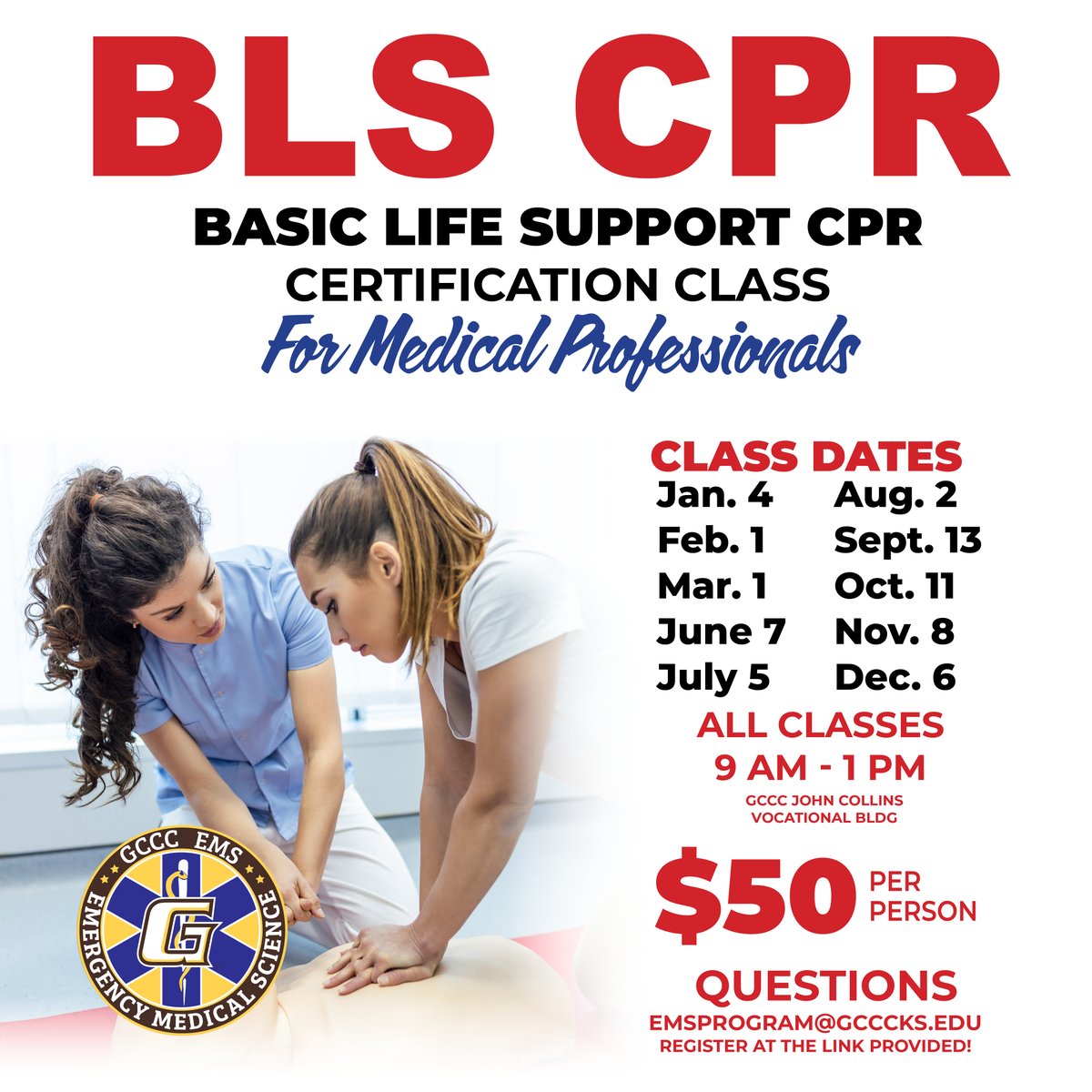 🚑 Attention Healthcare Providers! 🚑 Do you need Basic Life Support (BLS) CPR certification? Join us for a Non-Credit Certification Class offered by the GCCC Emergency Medical Science Program.

🗓 Date: August 2nd
🕘 Time: 9 AM - 1 PM

Register Here: gcccks.formstack.com/forms/course_r…