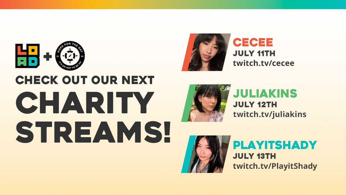 We have some amazing creators streaming starting today and throughout the weekend to support <a href="/HopeForTheDay/">Hope For The Day</a> 🖤 

Make sure to tune in and show your support:
❤️ <a href="/cecefps/">Cece</a>
💚 <a href="/juliakinsttv/">Juliakins</a> 
💙 <a href="/playitshady/">shady</a>