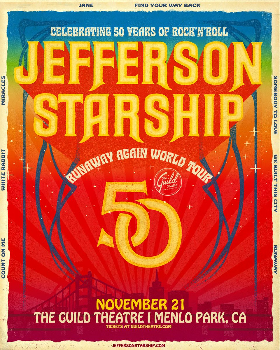 GuildTheatre's tweet image. ON SALE NOW! ๐ ๐ค Don't miss @JStarship playing an hour south of where they started (SF)! Catch their show at The Guild Theatre on FRI, NOV 21 for an intimate night of timeless classics. Buy tickets now before they sell out!
๐๏ธ >> tixr.com/pr/x/150494
Doors 7PM // Show 8PM