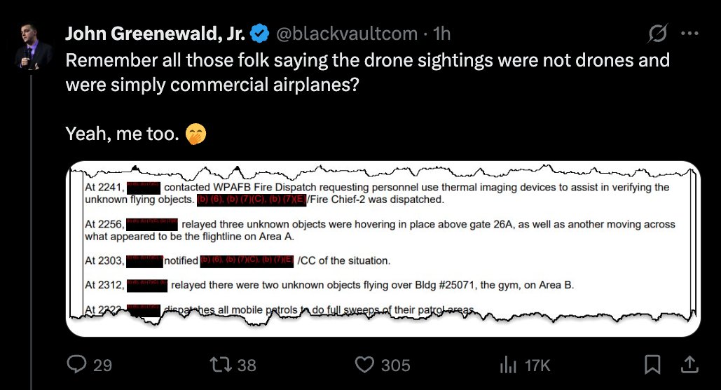 I think Greenewald is making things up here. I've never seen anyone claim all drone sightings are not drones. The "mystery drones" over New Jersey all seemed to be normal airplanes (or stars). But the document Greenewald shared below is from Ohio. Totally different context.
