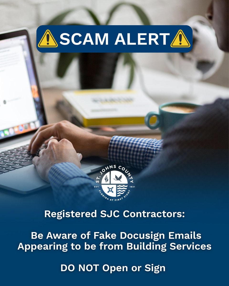 ⚠️ SCAM ALERT ⚠️ 

Registered contractors with St. Johns County have been receiving Docusign emails claiming to be from St. Johns County Building Services.

These are NOT legitimate. DO NOT open or sign.

#MySJCFL #ScamAlert