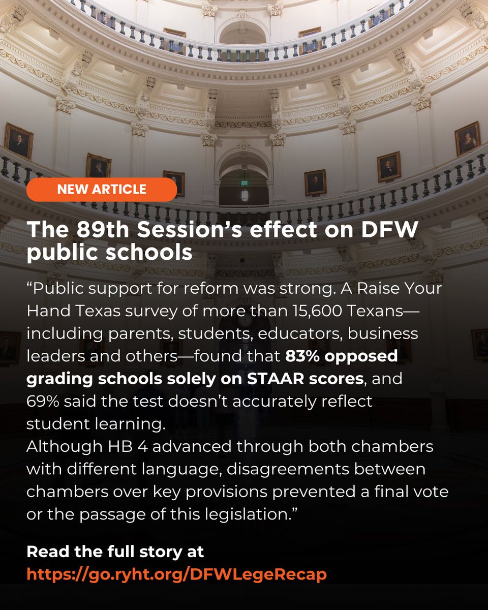 RYHTexas's tweet image. Read about the opportunities Texas has to replace the high-stakes State of Texas Assessments of Academic Readiness, STAAR, with nationally norm-referenced exams administered three times a year.
Learn more: go.ryht.org/DFWLegeRecap
#TxEd #TxLege #89thLege #DFW