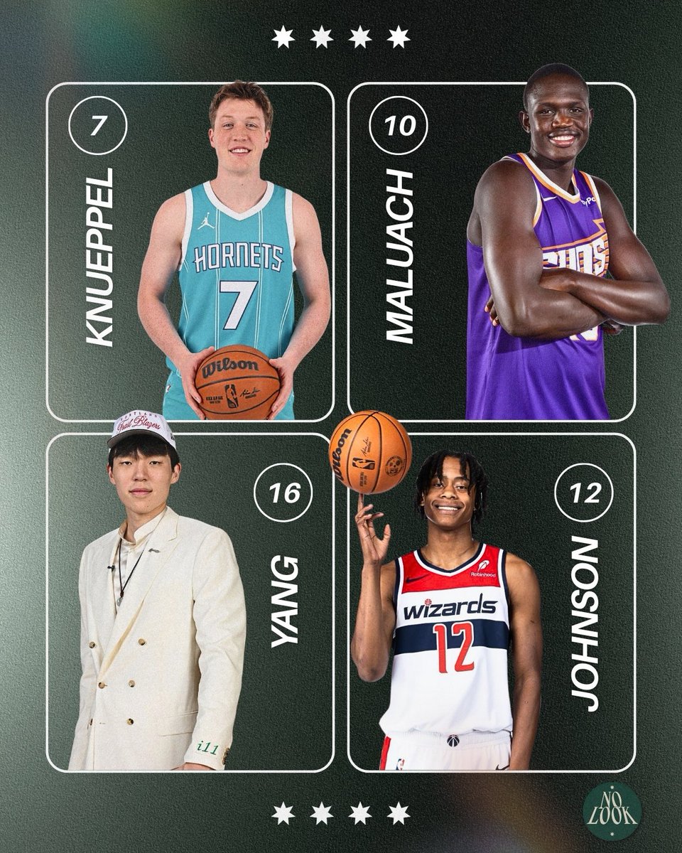 NoLookNBA's tweet photo. Day 2 of Vegas is upon us🏀

Here are our Dynasty Ranks for 4 rookies we are pumped to watch today in Summer League!

#4 Kon Knueppel 
#6 Tre Johnson
#9 Khaman Maluach 
#17 Yang Hansen  

Who are you most excited to watch today?
 #NBA2kSummerLeague #FantasyBasketball https://t.co/oP4UJSjiLN