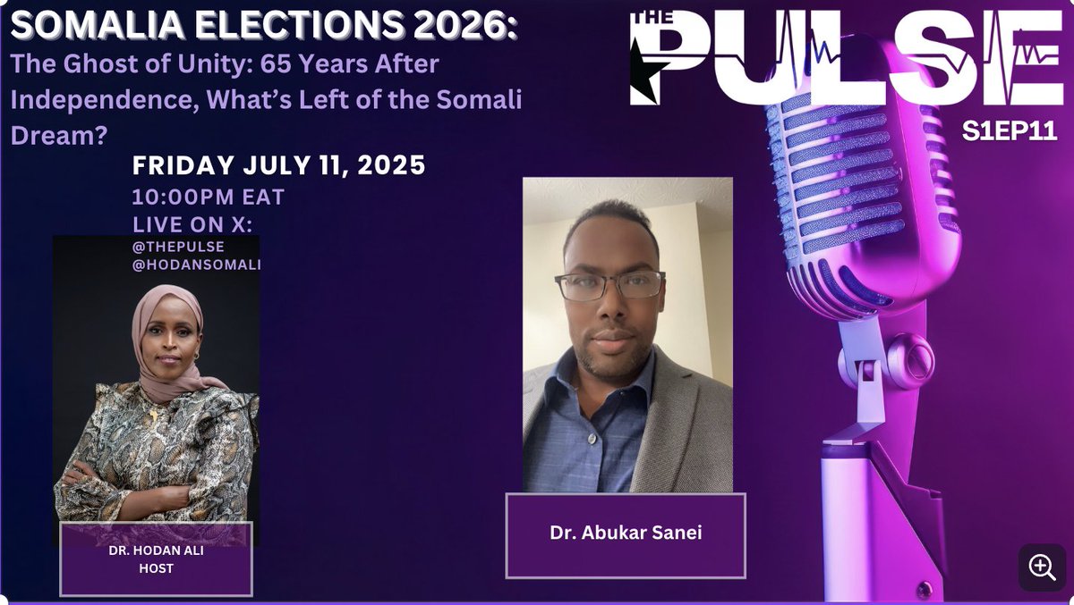 ThePulseSomalia's tweet image. Join us for another live show tonight!
10:00 PM EAT.
Our discussion is on "reflection" on the hopes, struggles, and future of a nation.
@aysanei @hodansomali
#Somalia #65years #Independence #Unity