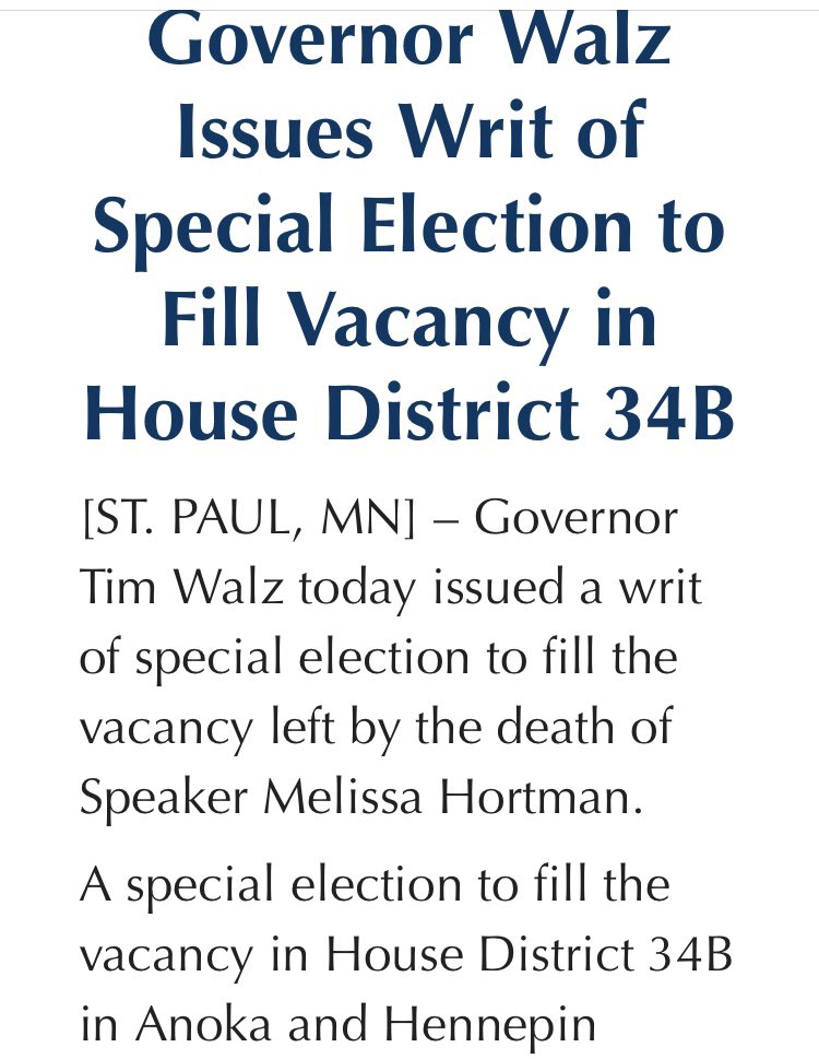 thauserkstp's tweet image. Gov. Tim Walz announces special election to be held Sept. 16 to fill the Brooklyn Park area seat previously held by the late House Speaker Emerita Melissa Hortman.