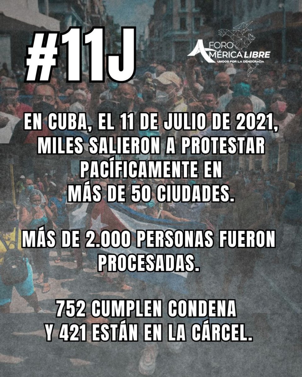 America_Libre1's tweet image. 🇨🇺 Por manifestarse pacíficamente el #11J de 2021 en Cuba, 752 personas cumplen condena y 421 siguen tras las rejas, según el informe de @PrisonersDFNdrs.
⛓️ Fueron encarceladas por pensar distinto, por alzar la voz y por soñar con libertad.
📢 Como señala @observacuba la…