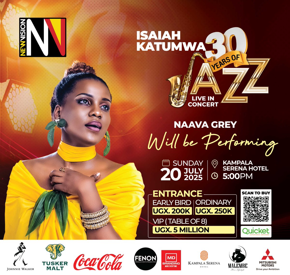 Get ready for a powerful night of jazz, soul and live vibes with Moses Matovu and Naava Grey on stage 🎶
🎤 Hosted by the fabulous Crystal Newman

📅 20 July 2025
🕔 5:00 PM
📍 Kampala Serena Hotel

🎟️ Tickets

🎫 Early Bird: UGX 200K — Limited slots, book now

🎫 VIP Table: UGX