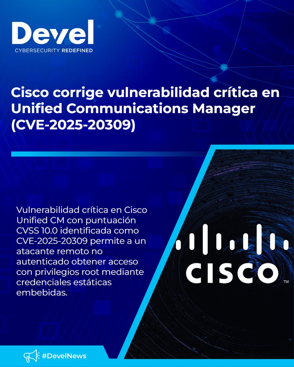 develsecurity's tweet image. #CybersecurityNEWS🔴👨💻👾 Cisco ha corregido una vulnerabilidad clasificada con severidad máxima (CVE-2025-20309) en sus plataformas Unified CM y SME.
Ver más: bit.ly/4nsEO4C
#ciberseguridad #DevelNews