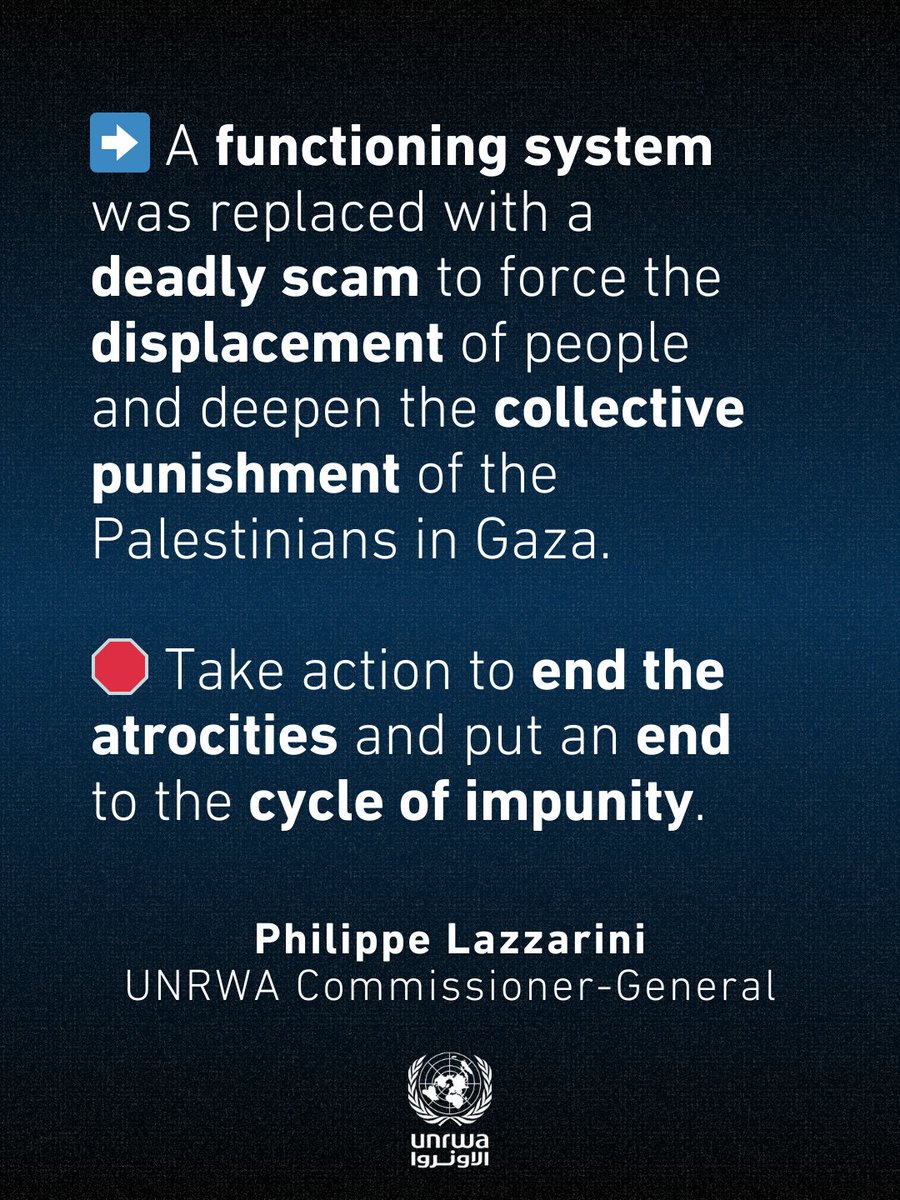 UNRWA's tweet image. “🛑800 starving people killed: shot at while trying to get little food in #Gaza.

➡️During the ceasefire, the UN provided at scale and dignified assistance. The trend of deepening starvation was reversed.

🛑Today, there are -at best- four very far distribution points in…