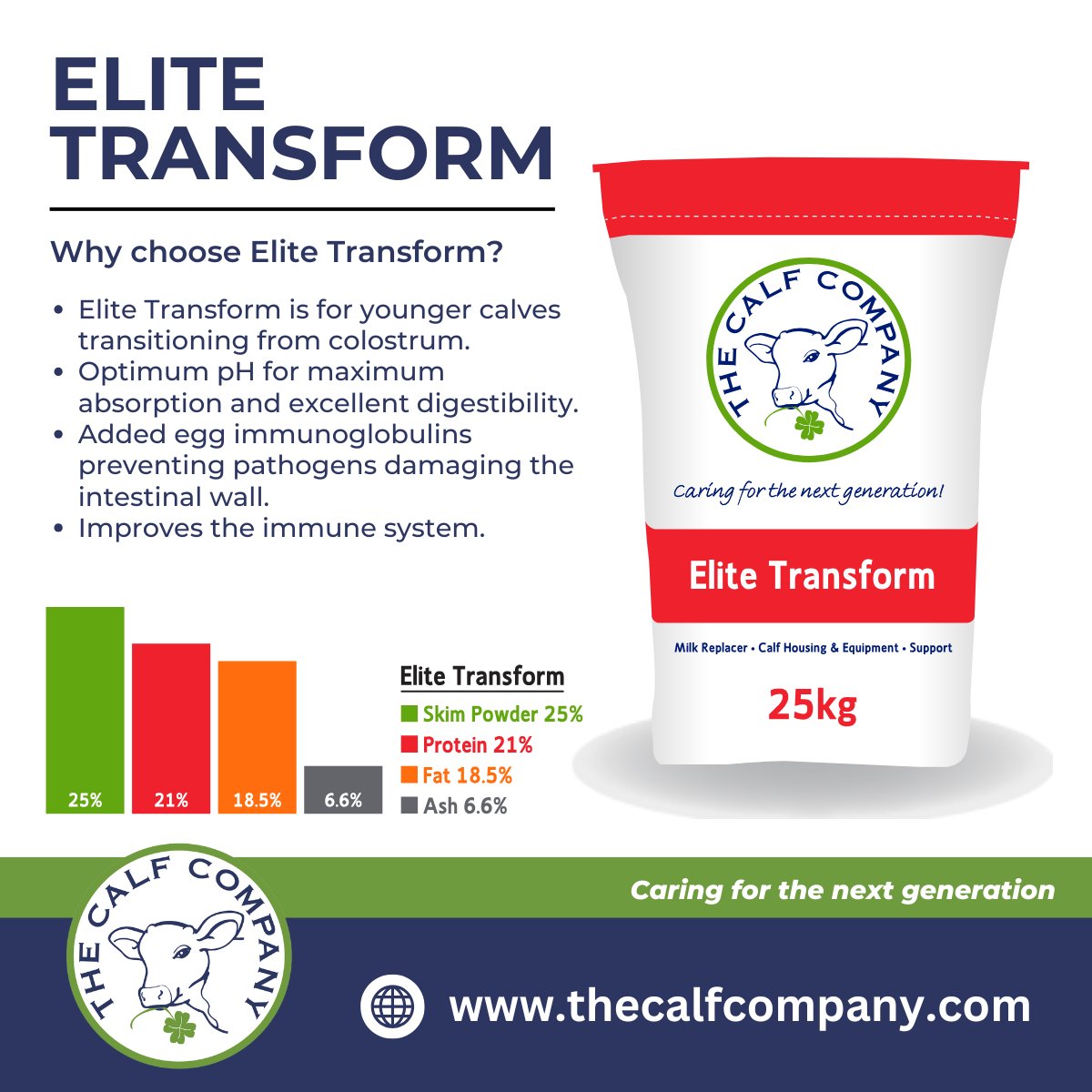 Elite Transform is our 25% milk powder. It is designed to help improve the calf’s health in the first few weeks of life.

Contact us on 01606 869253 or sales@thecalfcompany.com

#thecalfcompany #milkreplacer #elitetransform #caringforthenextgeneration #calfrearing #milkpowder
