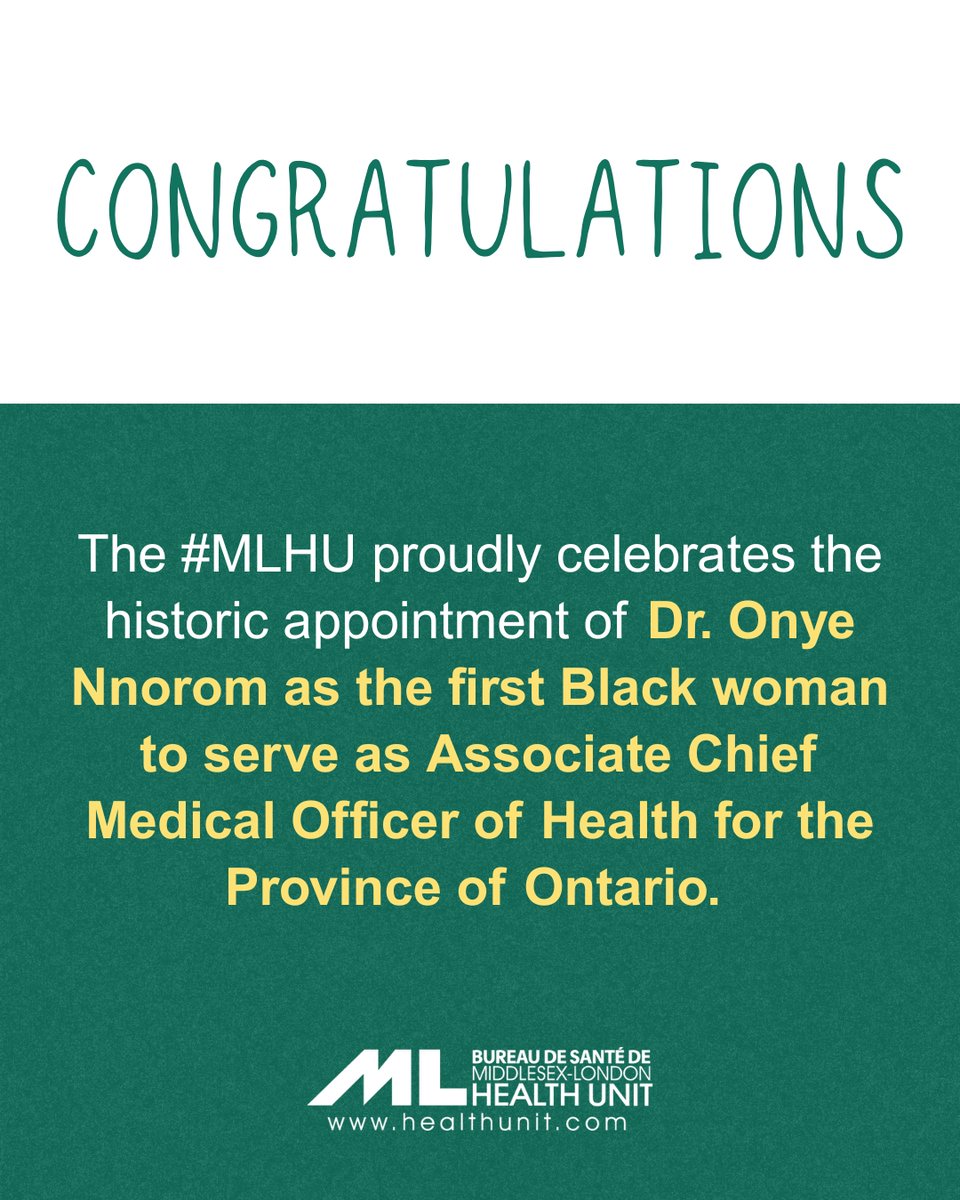 Congratulations to Dr. Onye Nnorom 🎉

The #MLHU proudly celebrates the historic appointment of Dr. Onye Nnorom as the first Black woman to serve as Associate Chief Medical Officer of Health for the Province of Ontario. 

We are deeply grateful for Dr. Nnorom’s continued