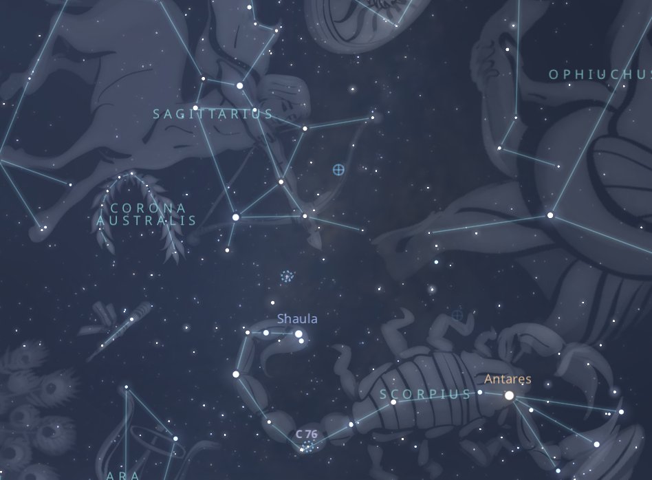 the stars of Shaula, Lesath and Kaus Australis being the most perceivable seemingly through the transition from the constellation of Sagittarius aiming at the Scorpius' constellation stinger in the southern celestial hemisphere