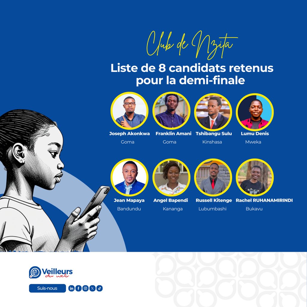 veilleursduweb's tweet image. Enfin, leurs visages ont été révélés ! 🎉🎊

Voici la liste des participants retenus pour la demi-finale du challenge Club de Nzita :

1. Joseph Akonkwa
2. Franklin Amani
3. Tshibangu Sulu Maurice
4. Lumu Denis
5. Jean Mapaya
6. Rachel Ruhanamirindi Naweza
7. Russell Kitenge
8.…