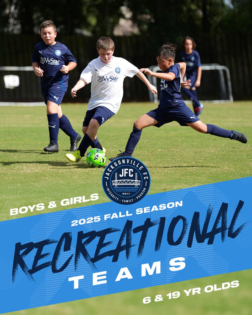 jacksonville_fc's tweet image. JFC’s Recreational Program offers a fun and inclusive soccer experience for boys and girls ages 6 to 19.
Players train with their team during the week with a volunteer coach and play Saturday games. Perfect for beginners or experienced players looking to enjoy the game without…
