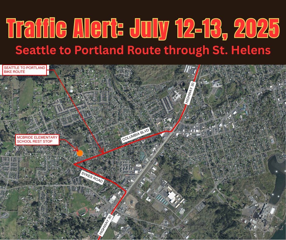 sthelens's tweet photo. TRAFFIC ALERT: Seattle to Portland traveling through St. Helens Sat. and Sun., July 12-13, 2025. Approx. 6,000 cyclists expected. McBride Elementary School is an official rest stop that contributes as a major fundraiser for the St. Helens High School Band and Guard Program. https://t.co/zXLPBM8uzQ