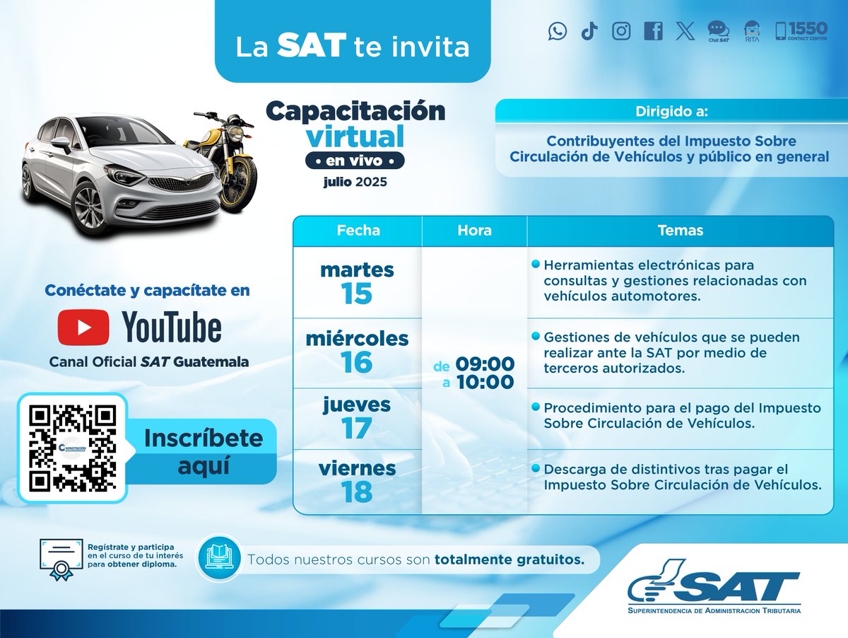 🖥️ ¡Aprende junto a la SAT!

Participa en nuestras capacitaciones virtuales para contribuyentes del Impuesto de Circulación y público en general. 

Inscríbete ➡️ lc.cx/IbFDAm