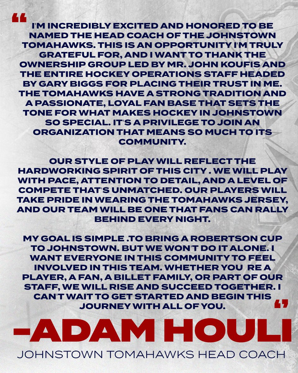 Johnstown Tomahawks (@tomahawkshockey) on Twitter photo πππππππ ππ πππππππππποΈ
Tomahawks Hockey Partners LLC. is pleased to announce the hiring of Adam Houli as the Head Coach of the Johnstown Tomahawks!ποΈ
ποΈSee official press release: johnstowntomahawks.com/houli-named-heβ¦
#LetsGoHawks | #AllOfUs πππππππ ππ πππππππππποΈ
Tomahawks Hockey Partners LLC. is pleased to announce the hiring of Adam Houli as the Head Coach of the Johnstown Tomahawks!ποΈ
ποΈSee official press release: johnstowntomahawks.com/houli-named-heβ¦
#LetsGoHawks | #AllOfUs