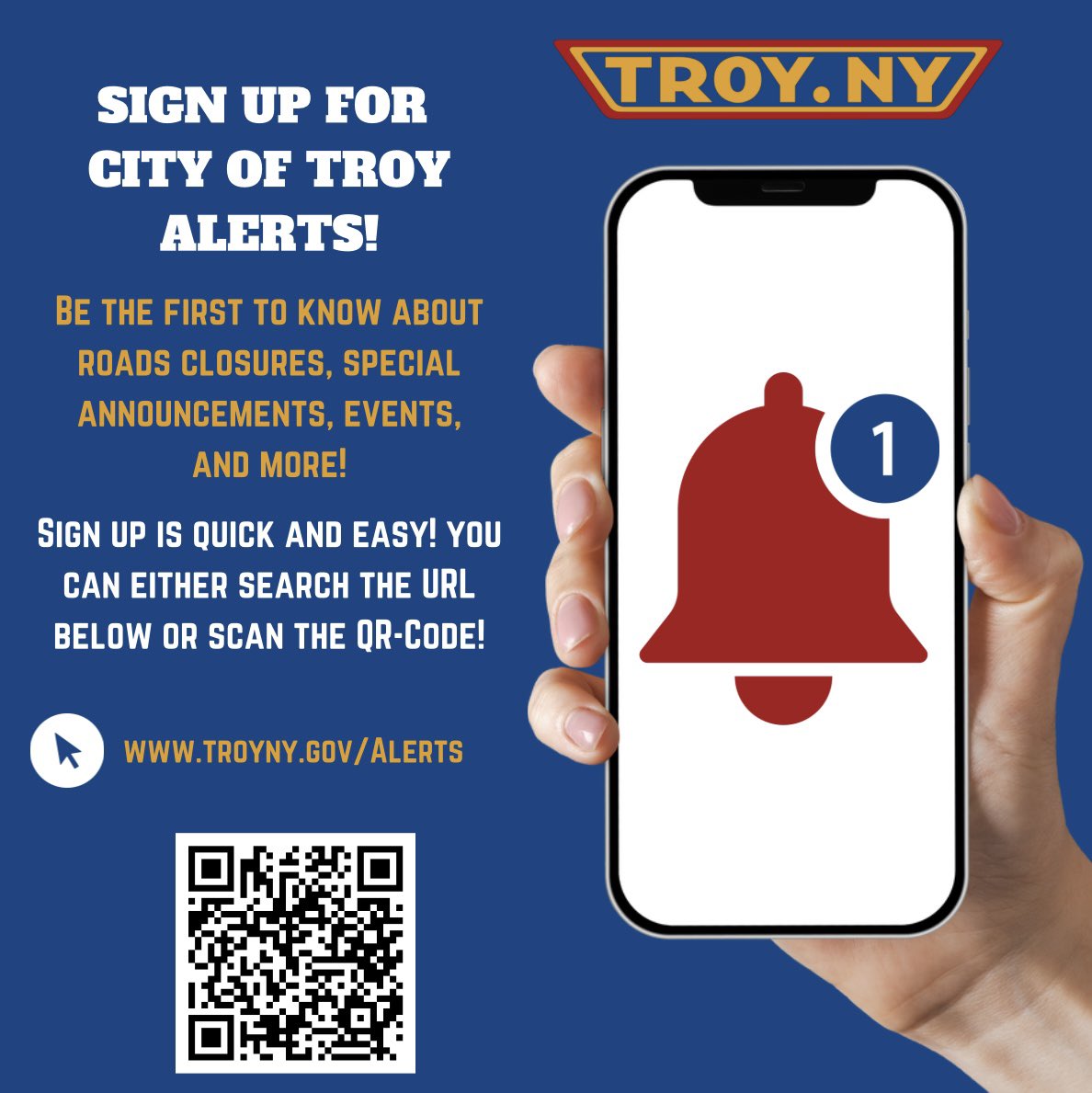 TroyCityHall's tweet image. 🚨 Stay in the know, Troy! 🚧📲
Sign up for City Alerts to get real-time updates on street closures, road work, events, and more - delivered straight to your phone or email.
✅ Quick & easy sign-up: troyNY.gov/alerts
Don’t miss a beat - sign up TODAY!