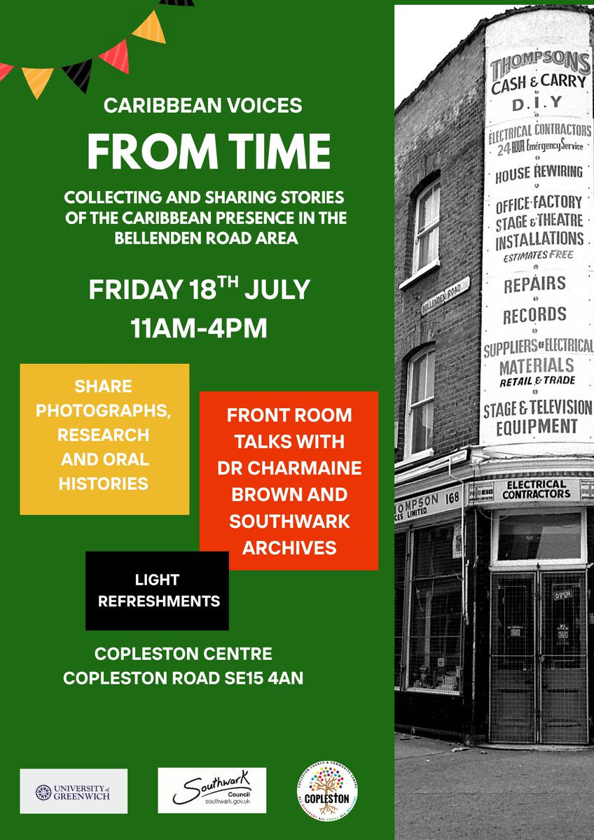 PeckhamVision's tweet image. Caribbean Voices From Time with Dr Charmaine Brown, Greenwich Uni & Southwark Archives FRI 18 JULY. See images.
* undocumented stories of Caribbean community 1960-1990, in Bellenden Road area; bring photos/stories for living archive. All welcome.
* book: forms.office.com/e/bm0wJF1Qau?o…