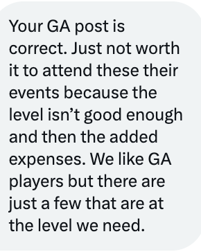 A DM from a D1 Head Coach on the #GirlsAcademy and our post on the declining year over year attendance at every event.